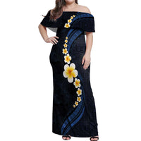 Pacific Hibiscus and Plumeria with Tapa Pattern Off Shoulder Maxi Dress Dark Blue Color