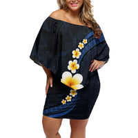 Pacific Hibiscus and Plumeria with Tapa Pattern Off Shoulder Short Dress Dark Blue Color LT03 Women Blue - Polynesian Pride