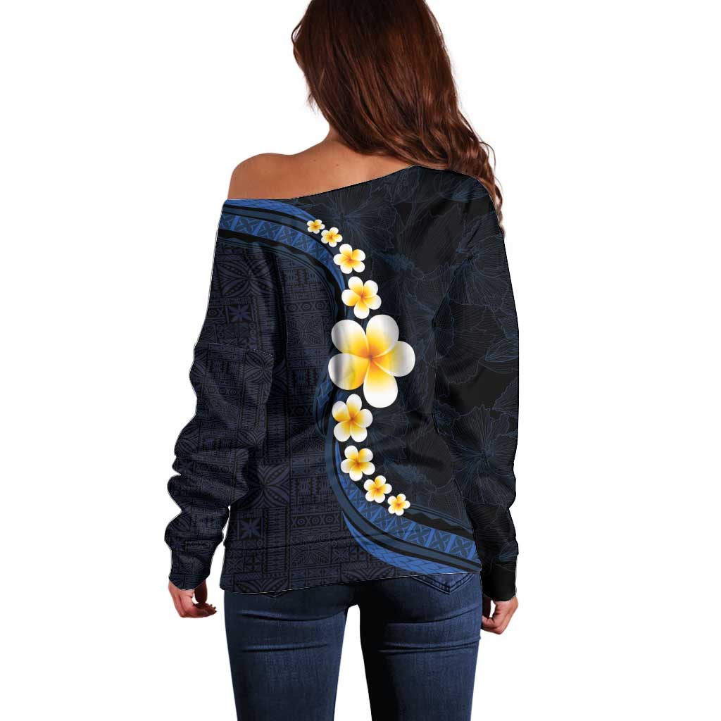 Pacific Hibiscus and Plumeria with Tapa Pattern Off Shoulder Sweater Dark Blue Color