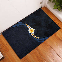Pacific Hibiscus and Plumeria with Tapa Pattern Rubber Doormat Dark Blue Color