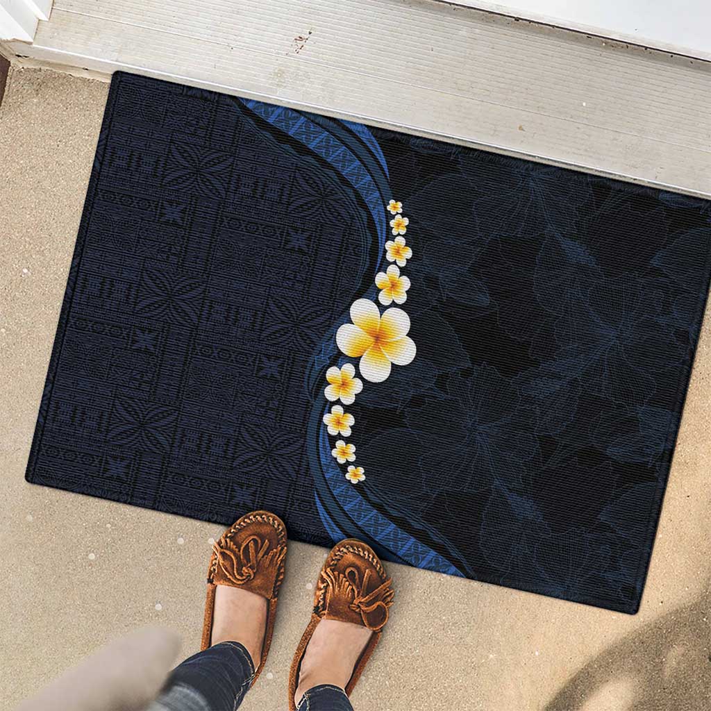 Pacific Hibiscus and Plumeria with Tapa Pattern Rubber Doormat Dark Blue Color