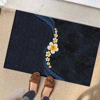 Pacific Hibiscus and Plumeria with Tapa Pattern Rubber Doormat Dark Blue Color