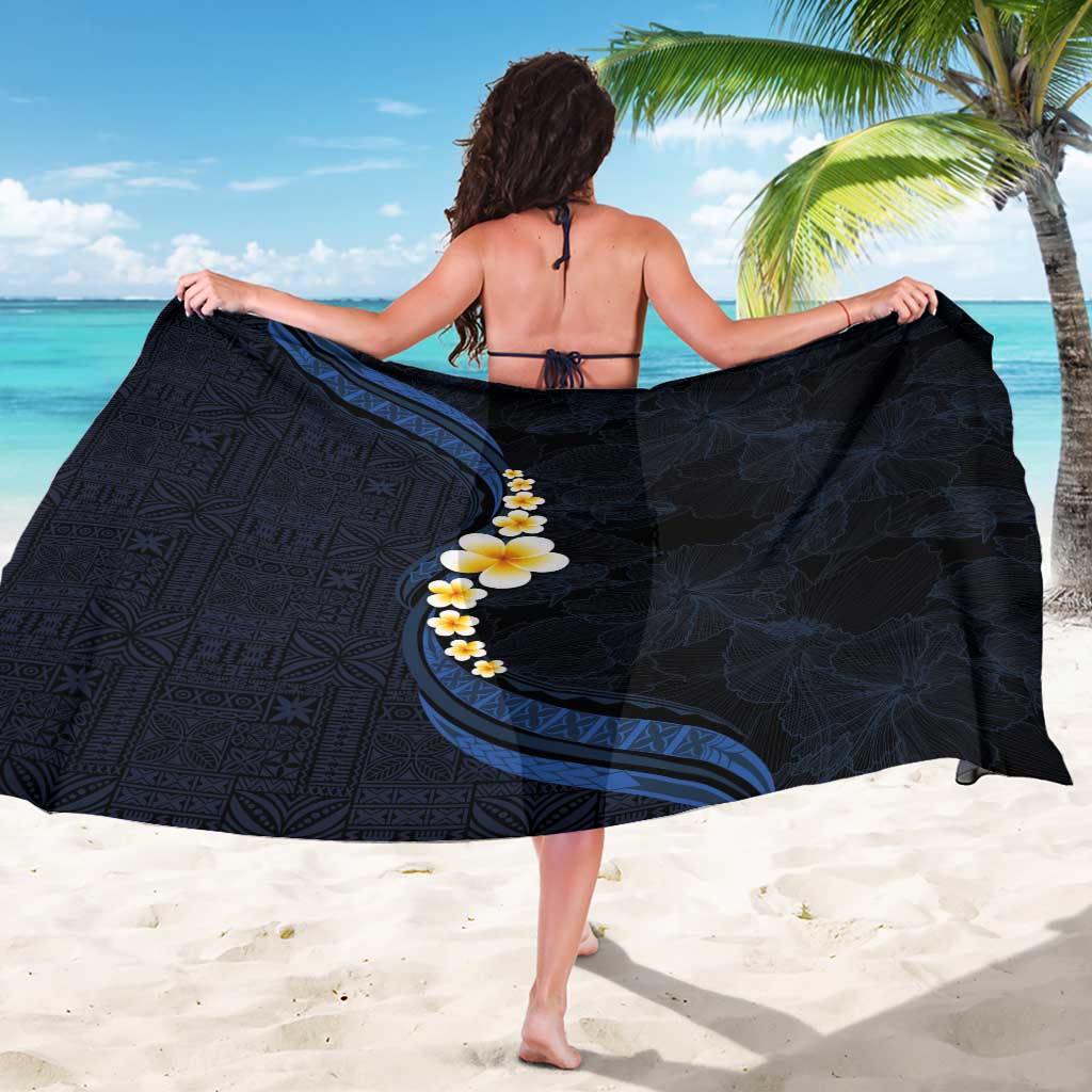 Pacific Hibiscus and Plumeria with Tapa Pattern Sarong Dark Blue Color