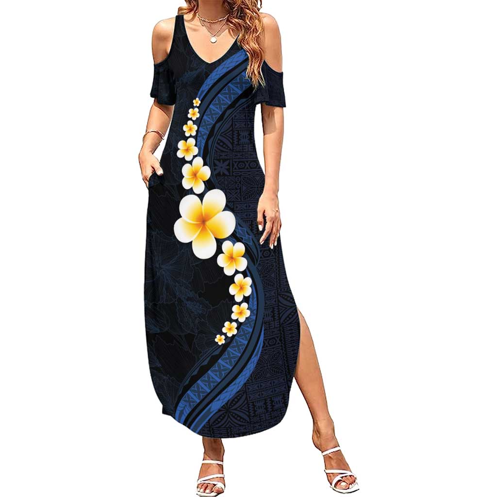 Pacific Hibiscus and Plumeria with Tapa Pattern Summer Maxi Dress Dark Blue Color LT03 Women Blue - Polynesian Pride