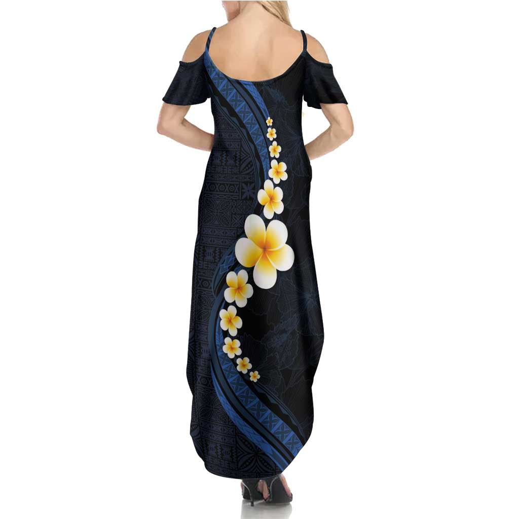 Pacific Hibiscus and Plumeria with Tapa Pattern Summer Maxi Dress Dark Blue Color LT03 - Polynesian Pride