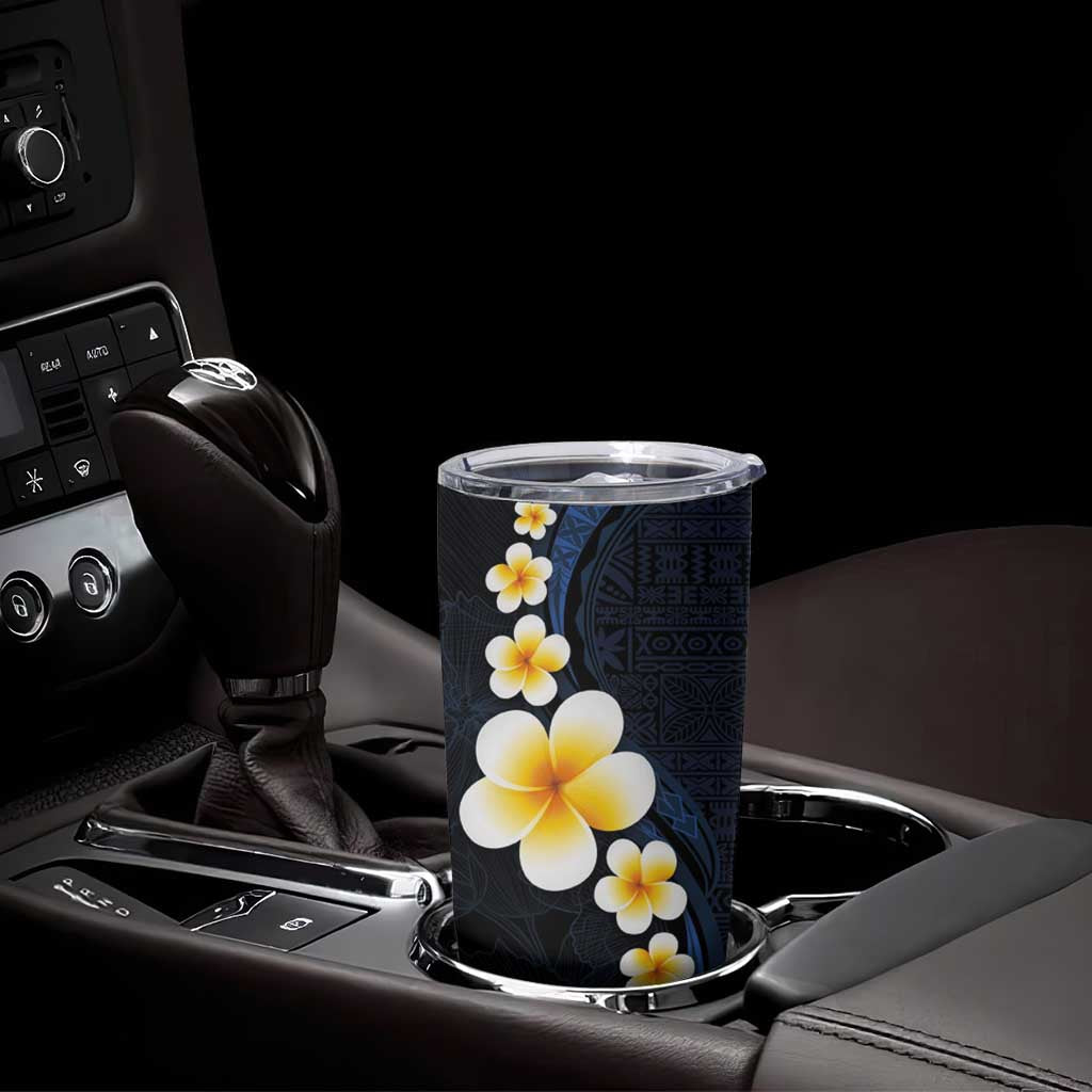Pacific Hibiscus and Plumeria with Tapa Pattern Tumbler Cup Dark Blue Color