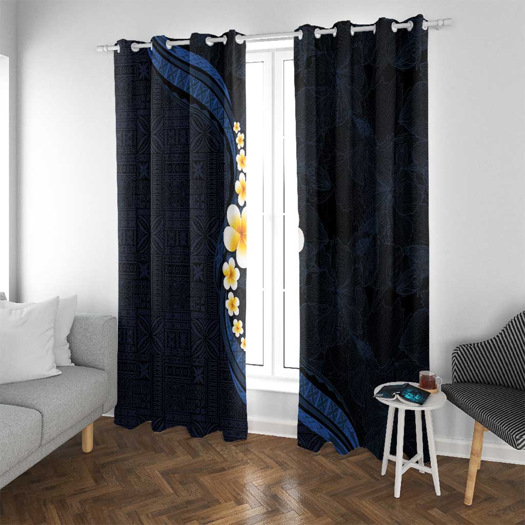 Pacific Hibiscus and Plumeria with Tapa Pattern Window Curtain Dark Blue Color
