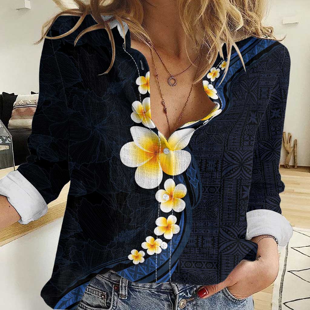 Pacific Hibiscus and Plumeria with Tapa Pattern Women Casual Shirt Dark Blue Color