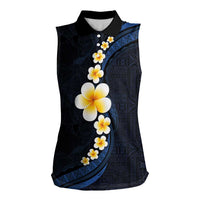 Pacific Hibiscus and Plumeria with Tapa Pattern Women Sleeveless Polo Shirt Dark Blue Color LT03 Female Blue - Polynesian Pride