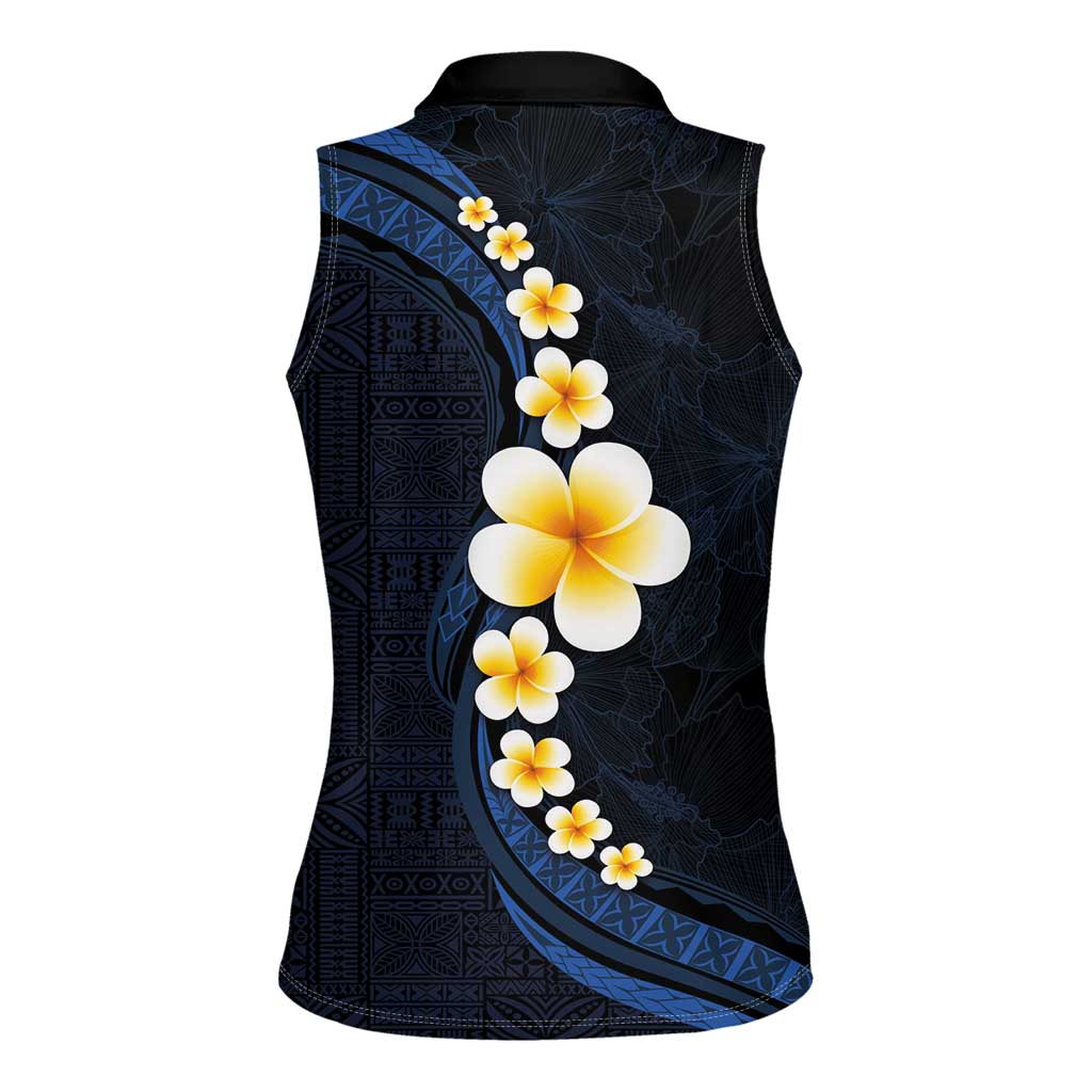 Pacific Hibiscus and Plumeria with Tapa Pattern Women Sleeveless Polo Shirt Dark Blue Color LT03 - Polynesian Pride
