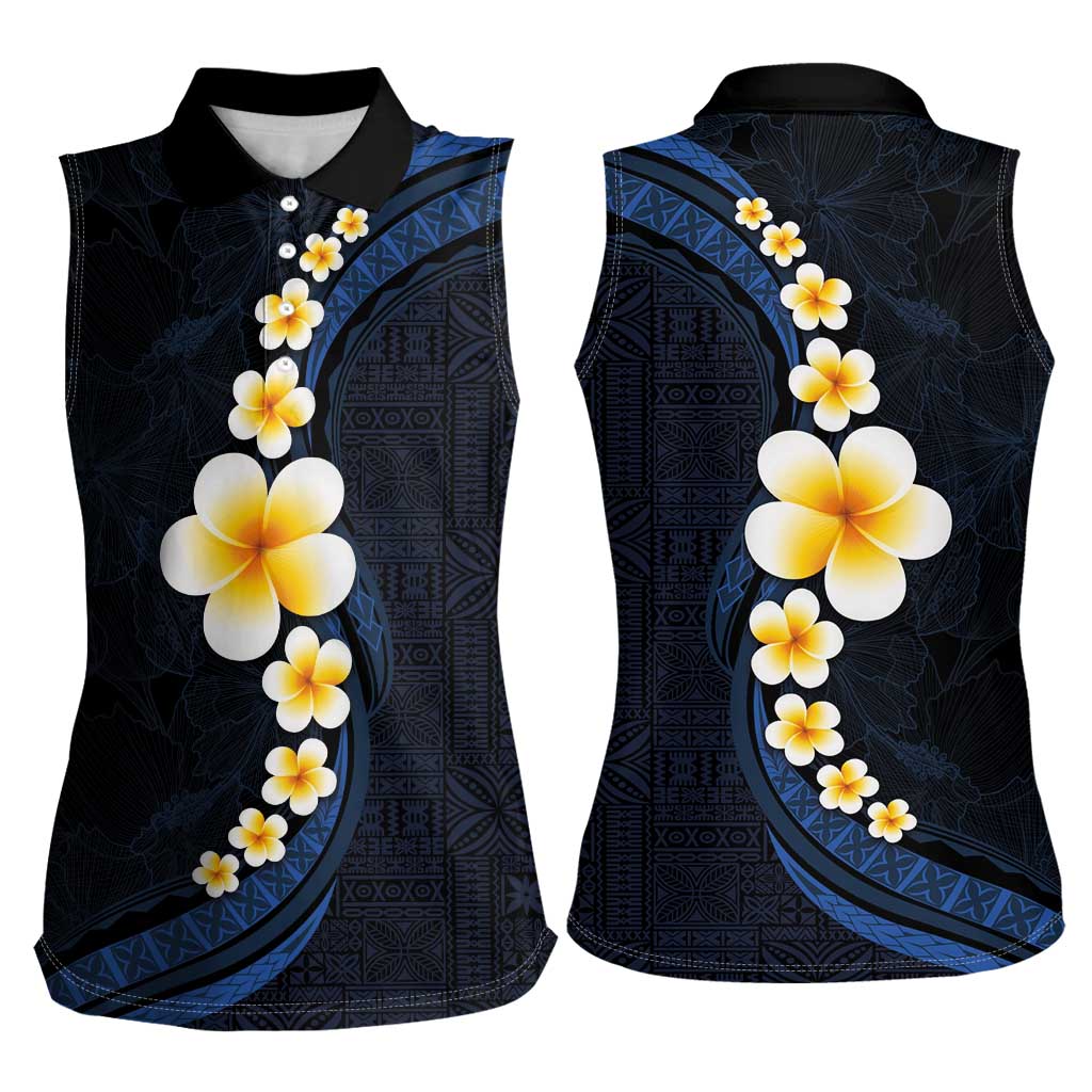Pacific Hibiscus and Plumeria with Tapa Pattern Women Sleeveless Polo Shirt Dark Blue Color LT03 - Polynesian Pride