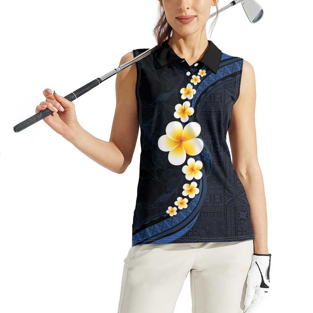 Pacific Hibiscus and Plumeria with Tapa Pattern Women Sleeveless Polo Shirt Dark Blue Color LT03 - Polynesian Pride