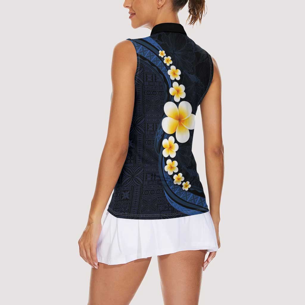 Pacific Hibiscus and Plumeria with Tapa Pattern Women Sleeveless Polo Shirt Dark Blue Color LT03 - Polynesian Pride