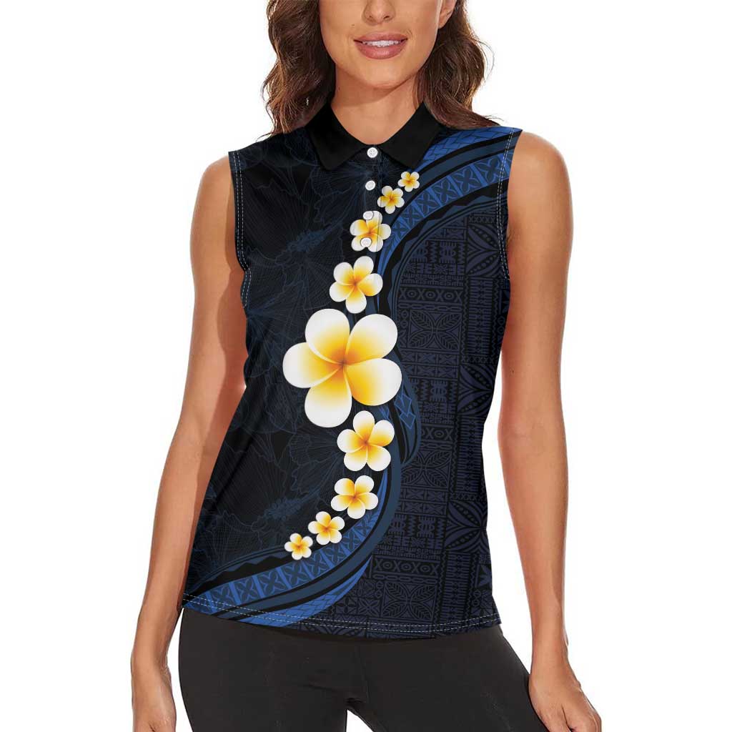 Pacific Hibiscus and Plumeria with Tapa Pattern Women Sleeveless Polo Shirt Dark Blue Color LT03 - Polynesian Pride