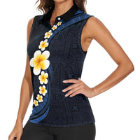 Pacific Hibiscus and Plumeria with Tapa Pattern Women Sleeveless Polo Shirt Dark Blue Color LT03 - Polynesian Pride