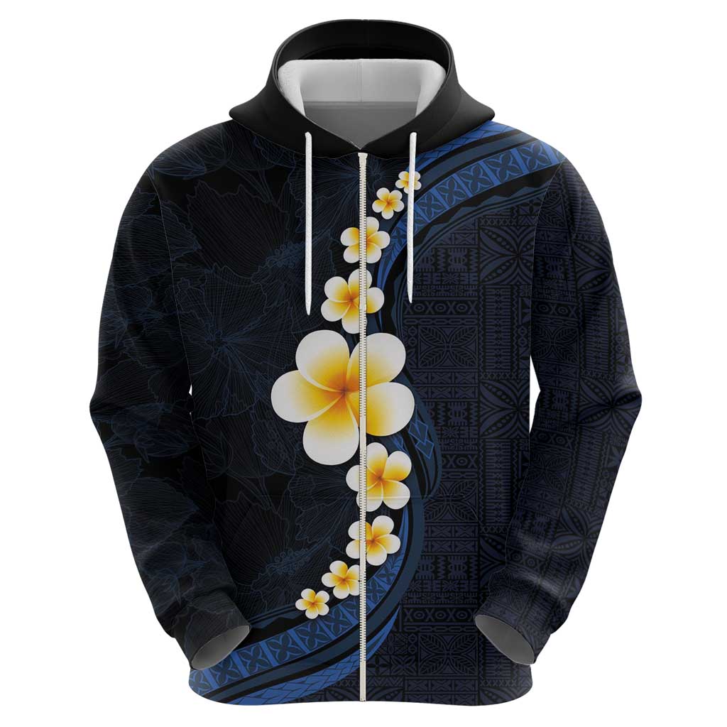 Pacific Hibiscus and Plumeria with Tapa Pattern Zip Hoodie Dark Blue Color