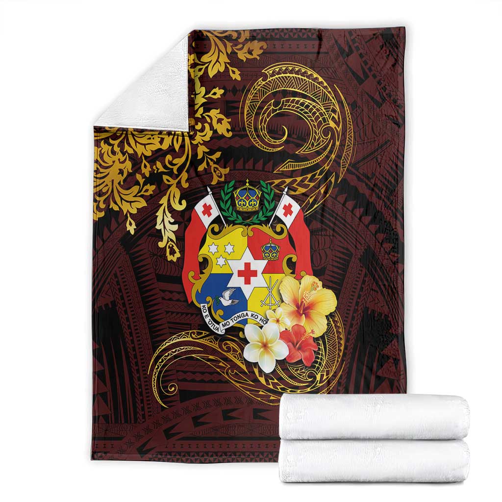 Tonga Ngatu and Hibiscus with Polynesian Tattoo Blanket Gold and Oxblood Color