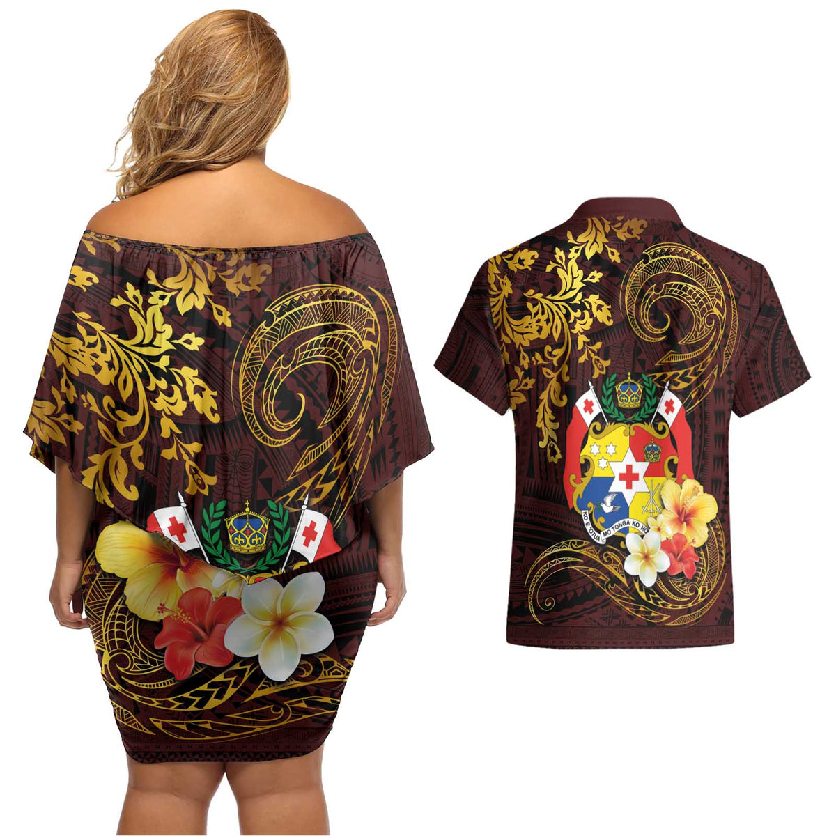 Tonga Ngatu and Hibiscus with Polynesian Tattoo Couples Matching Off Shoulder Short Dress and Hawaiian Shirt Gold and Oxblood Color