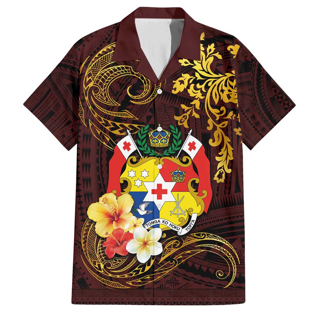 Tonga Ngatu and Hibiscus with Polynesian Tattoo Family Matching Long Sleeve Bodycon Dress and Hawaiian Shirt Gold and Oxblood Color