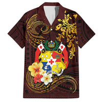Tonga Ngatu and Hibiscus with Polynesian Tattoo Family Matching Long Sleeve Bodycon Dress and Hawaiian Shirt Gold and Oxblood Color