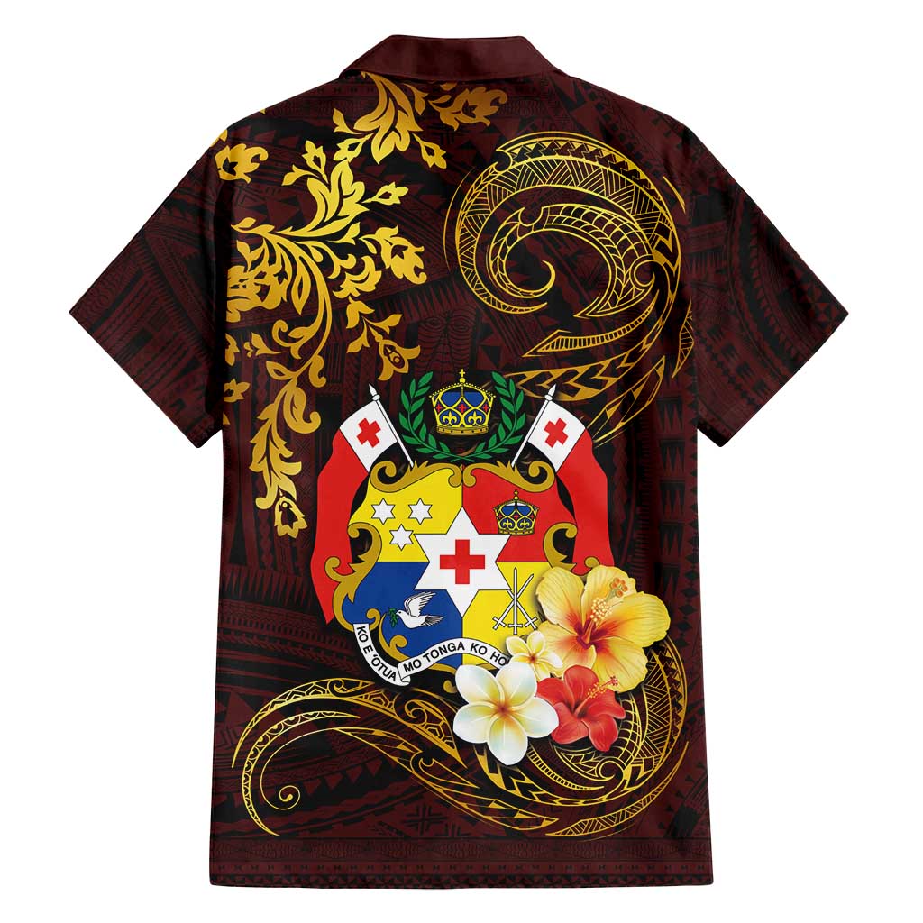 Tonga Ngatu and Hibiscus with Polynesian Tattoo Family Matching Long Sleeve Bodycon Dress and Hawaiian Shirt Gold and Oxblood Color