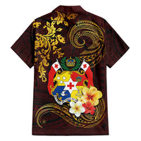 Tonga Ngatu and Hibiscus with Polynesian Tattoo Family Matching Long Sleeve Bodycon Dress and Hawaiian Shirt Gold and Oxblood Color