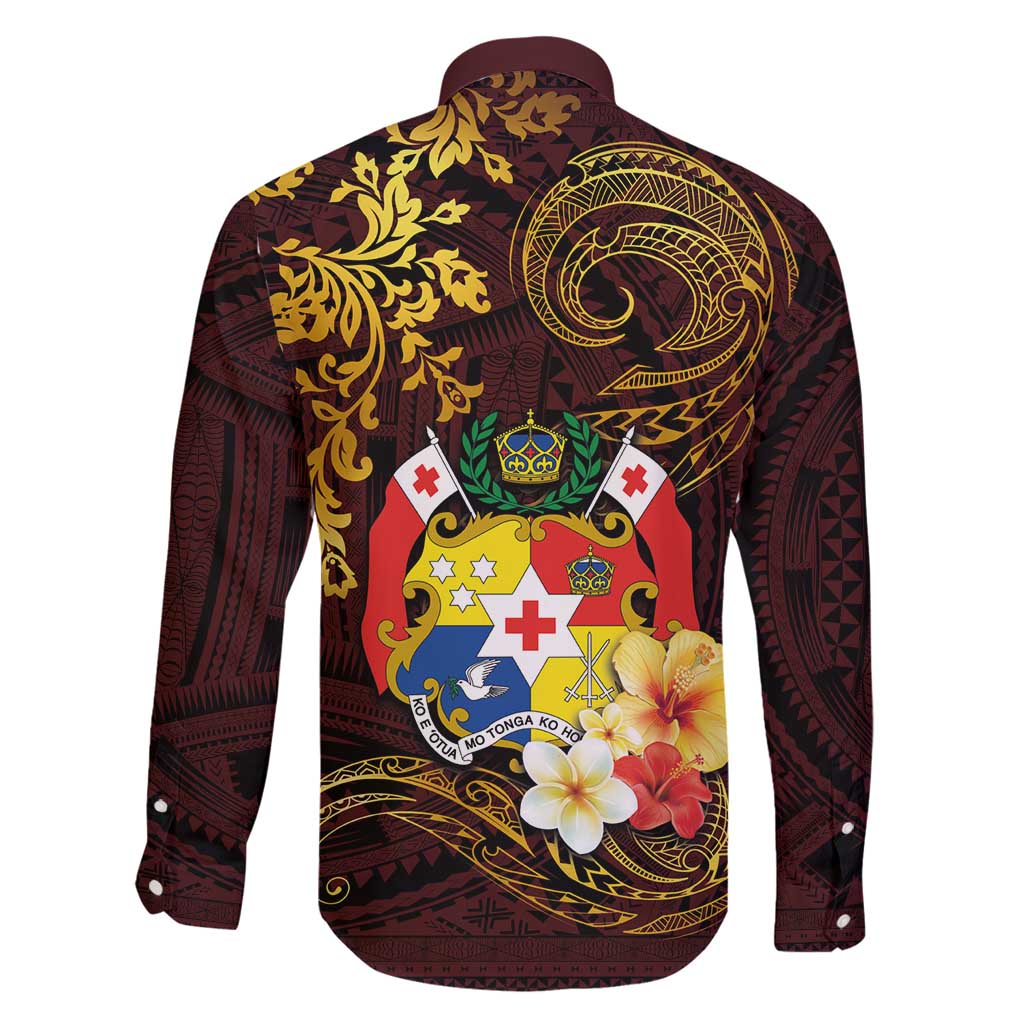 Tonga Ngatu and Hibiscus with Polynesian Tattoo Family Matching Long Sleeve Bodycon Dress and Hawaiian Shirt Gold and Oxblood Color