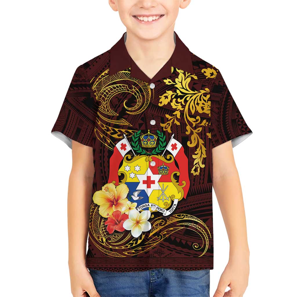Tonga Ngatu and Hibiscus with Polynesian Tattoo Family Matching Long Sleeve Bodycon Dress and Hawaiian Shirt Gold and Oxblood Color