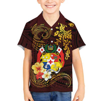 Tonga Ngatu and Hibiscus with Polynesian Tattoo Family Matching Long Sleeve Bodycon Dress and Hawaiian Shirt Gold and Oxblood Color
