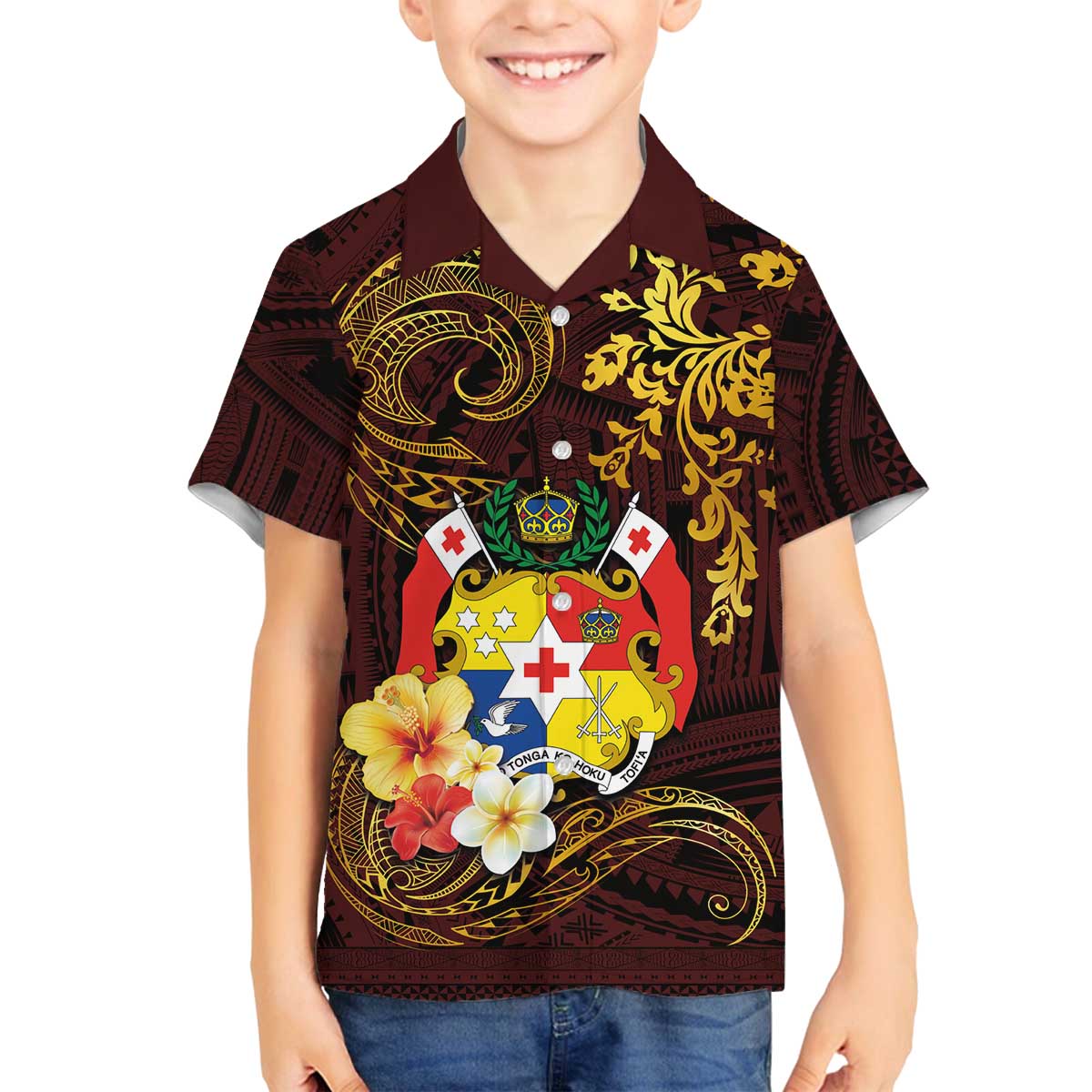Tonga Ngatu and Hibiscus with Polynesian Tattoo Family Matching Off Shoulder Short Dress and Hawaiian Shirt Gold and Oxblood Color