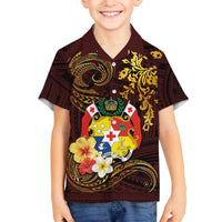 Tonga Ngatu and Hibiscus with Polynesian Tattoo Family Matching Puletasi and Hawaiian Shirt Gold and Oxblood Color