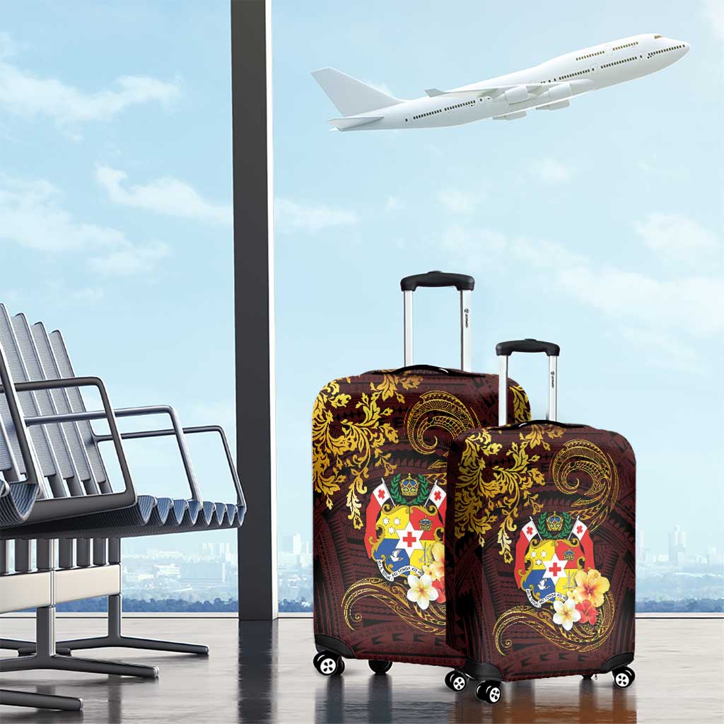 Tonga Ngatu and Hibiscus with Polynesian Tattoo Luggage Cover Gold and Oxblood Color