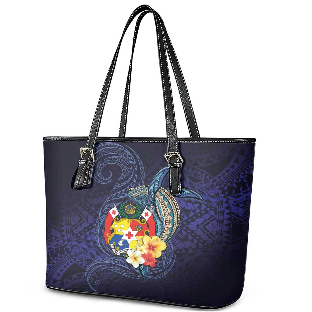 Tonga Vava'u Humpback Whale Blue Water Leather Tote Bag Polynesian Hibiscus Flowers