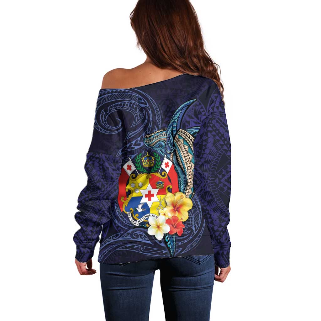 Tonga Vava'u Humpback Whale Blue Water Off Shoulder Sweater Polynesian Hibiscus Flowers