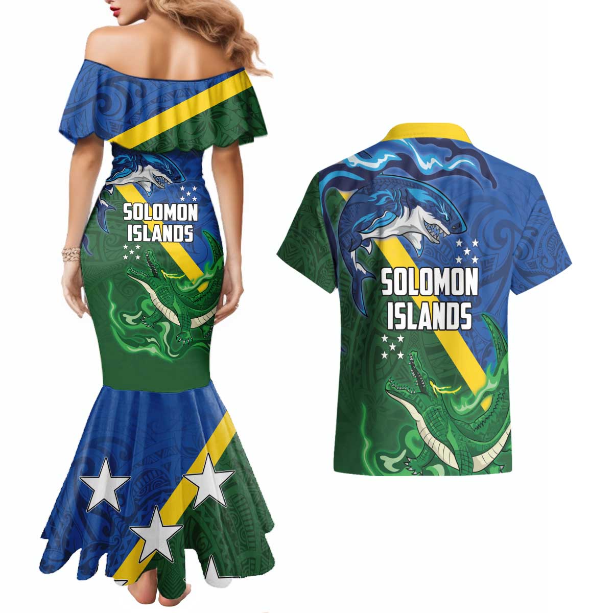 Solomon Islands Polynesian Tribal Shark and Crocodile Couples Matching Mermaid Dress and Hawaiian Shirt