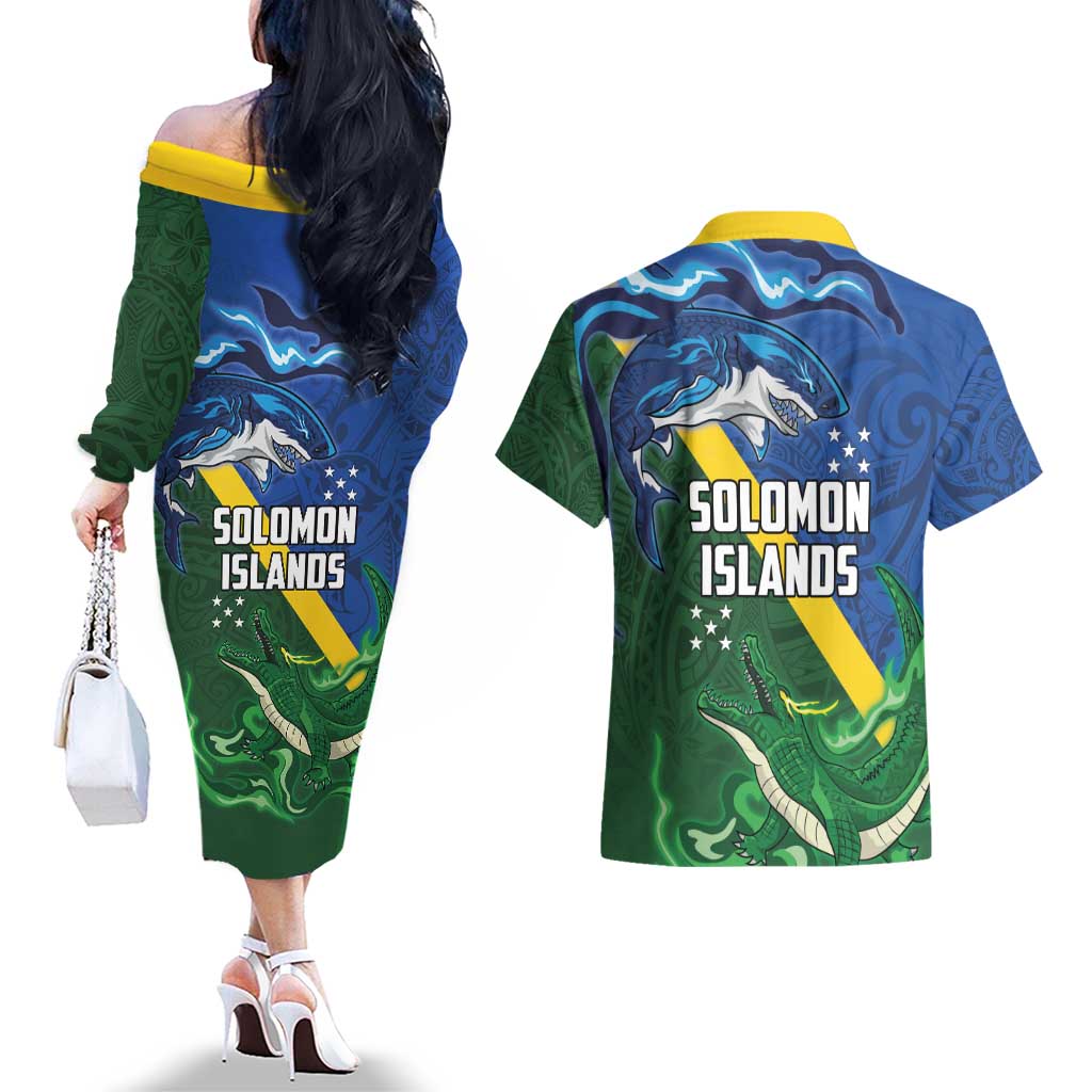Solomon Islands Polynesian Tribal Shark and Crocodile Couples Matching Off The Shoulder Long Sleeve Dress and Hawaiian Shirt