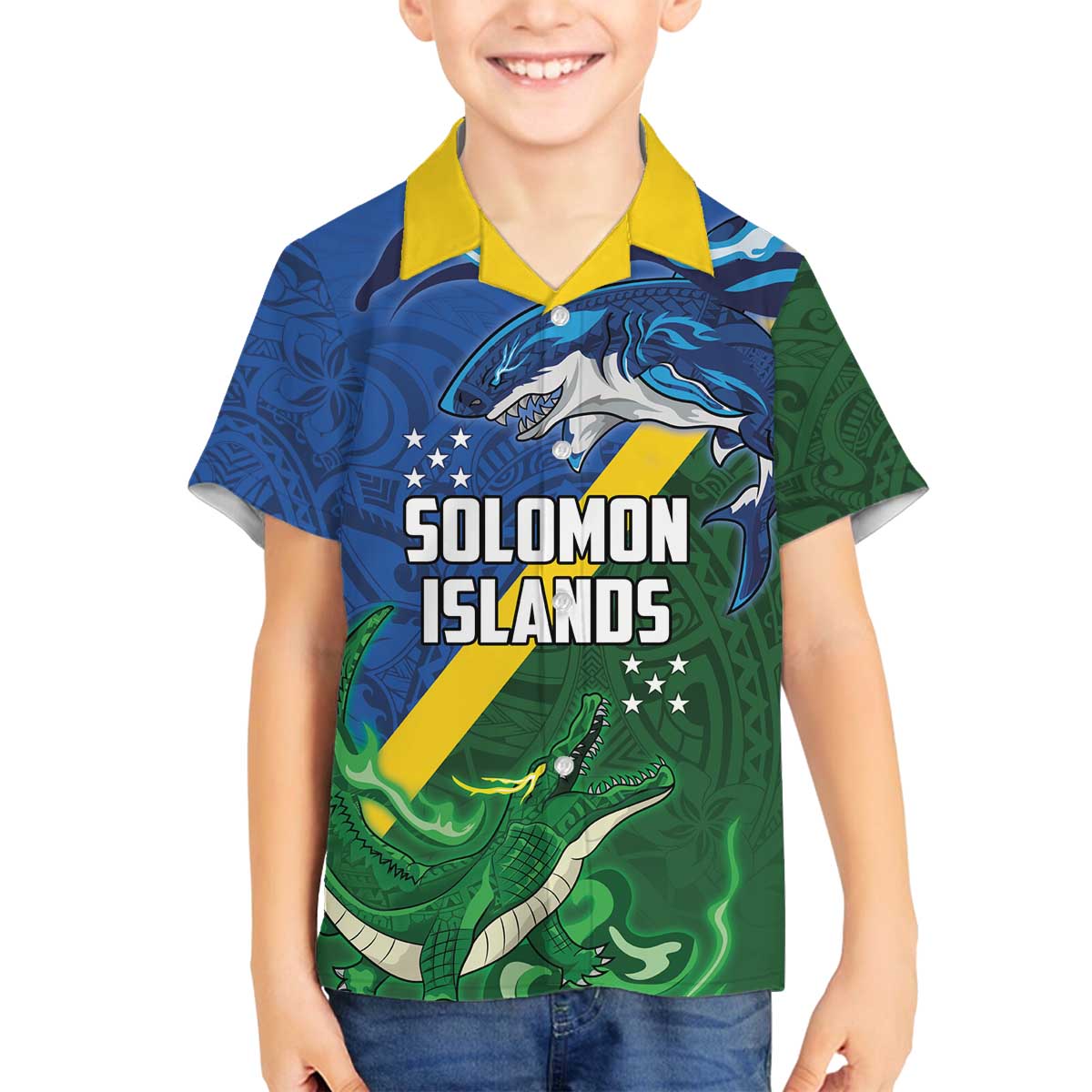 Solomon Islands Polynesian Tribal Shark and Crocodile Family Matching Off Shoulder Short Dress and Hawaiian Shirt