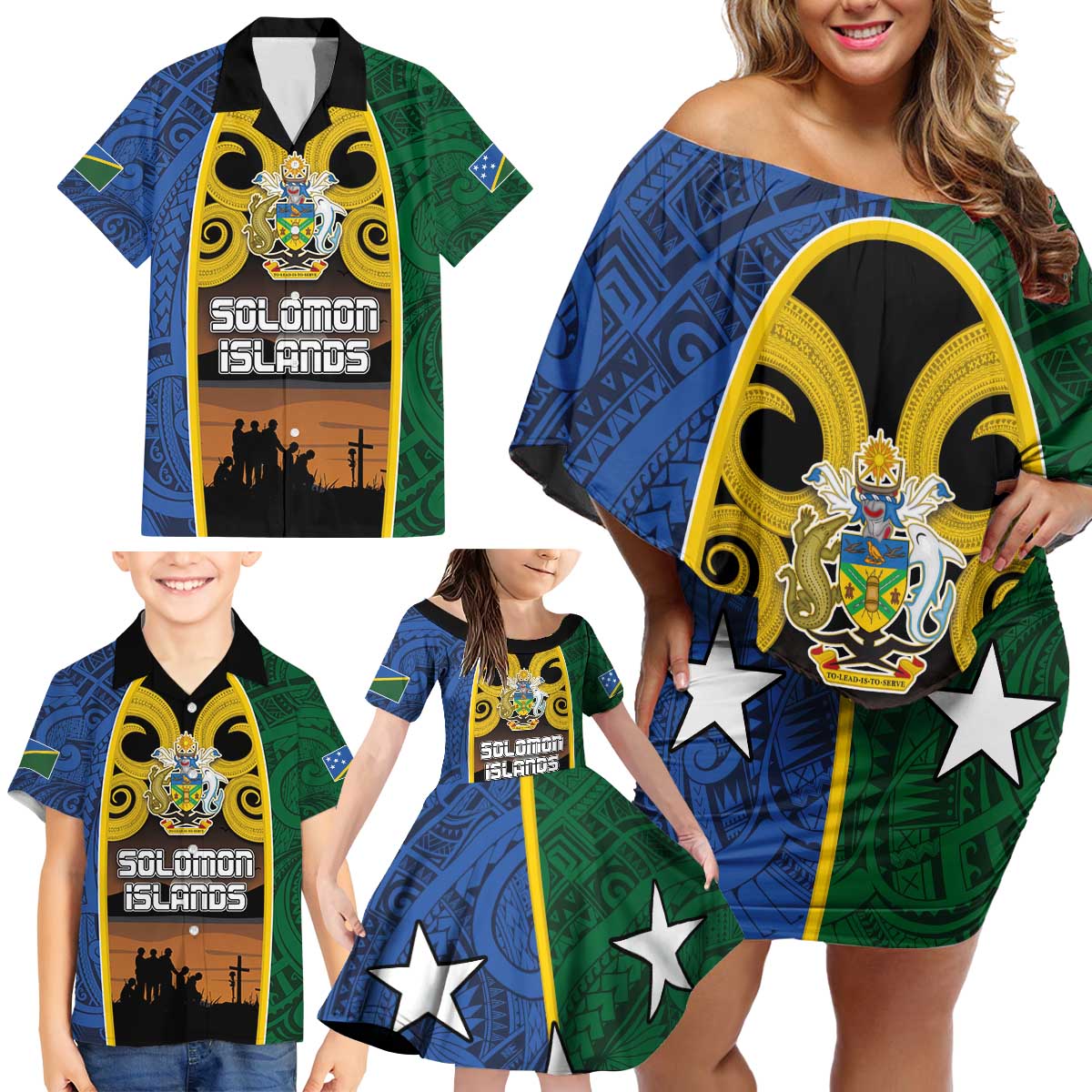 Solomon Islands Remembrance Day Family Matching Off Shoulder Short Dress and Hawaiian Shirt Lest We Forget and Polynesian Tattoo Pattern LT03 - Polynesian Pride