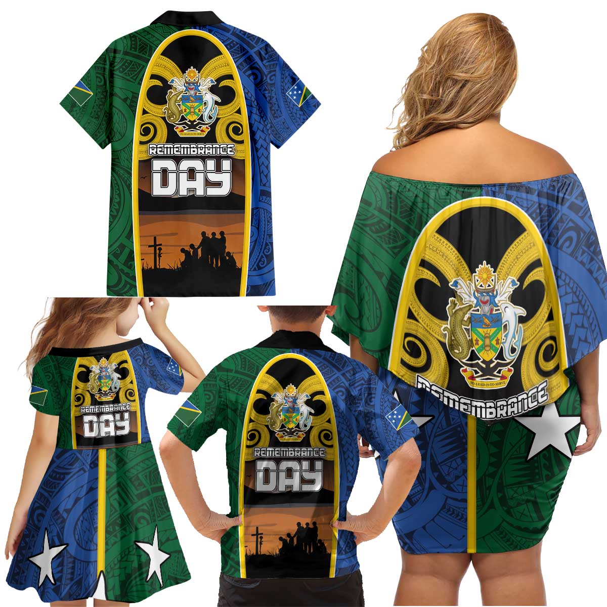 Solomon Islands Remembrance Day Family Matching Off Shoulder Short Dress and Hawaiian Shirt Lest We Forget and Polynesian Tattoo Pattern LT03 - Polynesian Pride