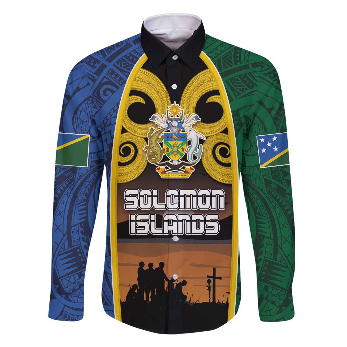 Solomon Islands Remembrance Day Family Matching Off Shoulder Short Dress and Hawaiian Shirt Lest We Forget and Polynesian Tattoo Pattern LT03 Dad's Shirt - Long Sleeve Black - Polynesian Pride