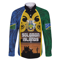 Solomon Islands Remembrance Day Family Matching Off Shoulder Short Dress and Hawaiian Shirt Lest We Forget and Polynesian Tattoo Pattern LT03 Dad's Shirt - Long Sleeve Black - Polynesian Pride