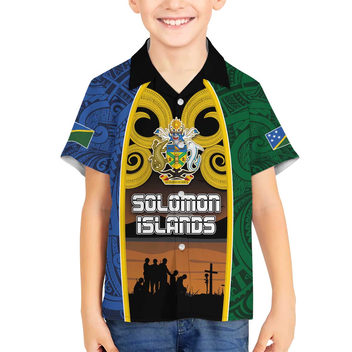Solomon Islands Remembrance Day Family Matching Off Shoulder Short Dress and Hawaiian Shirt Lest We Forget and Polynesian Tattoo Pattern LT03 Son's Shirt Black - Polynesian Pride