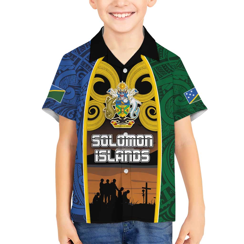 Solomon Islands Remembrance Day Family Matching Tank Maxi Dress and Hawaiian Shirt Lest We Forget and Polynesian Tattoo Pattern