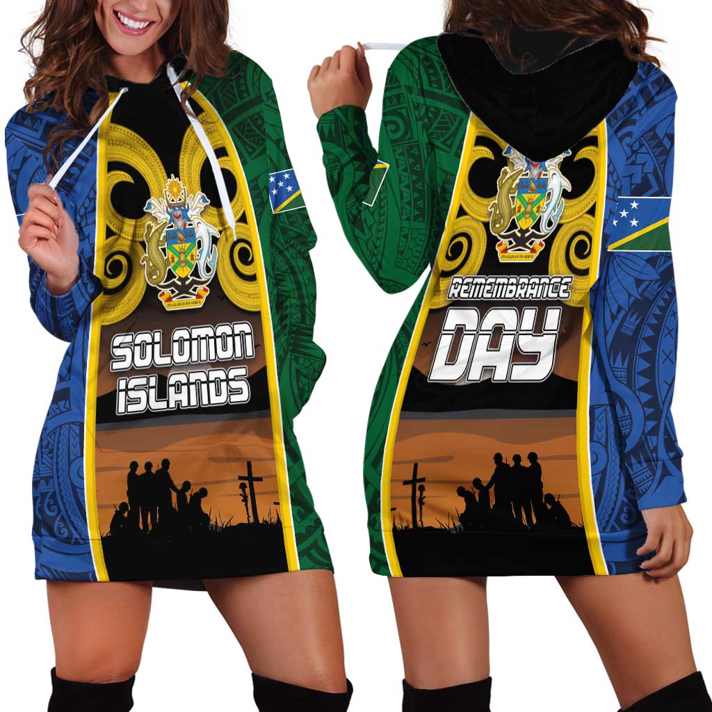 Solomon Islands Remembrance Day Hoodie Dress Lest We Forget and Polynesian Tattoo Pattern