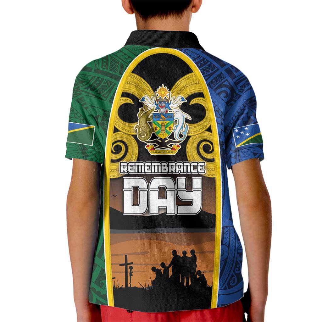 Solomon Islands Remembrance Day Kid Polo Shirt Lest We Forget and Polynesian Tattoo Pattern