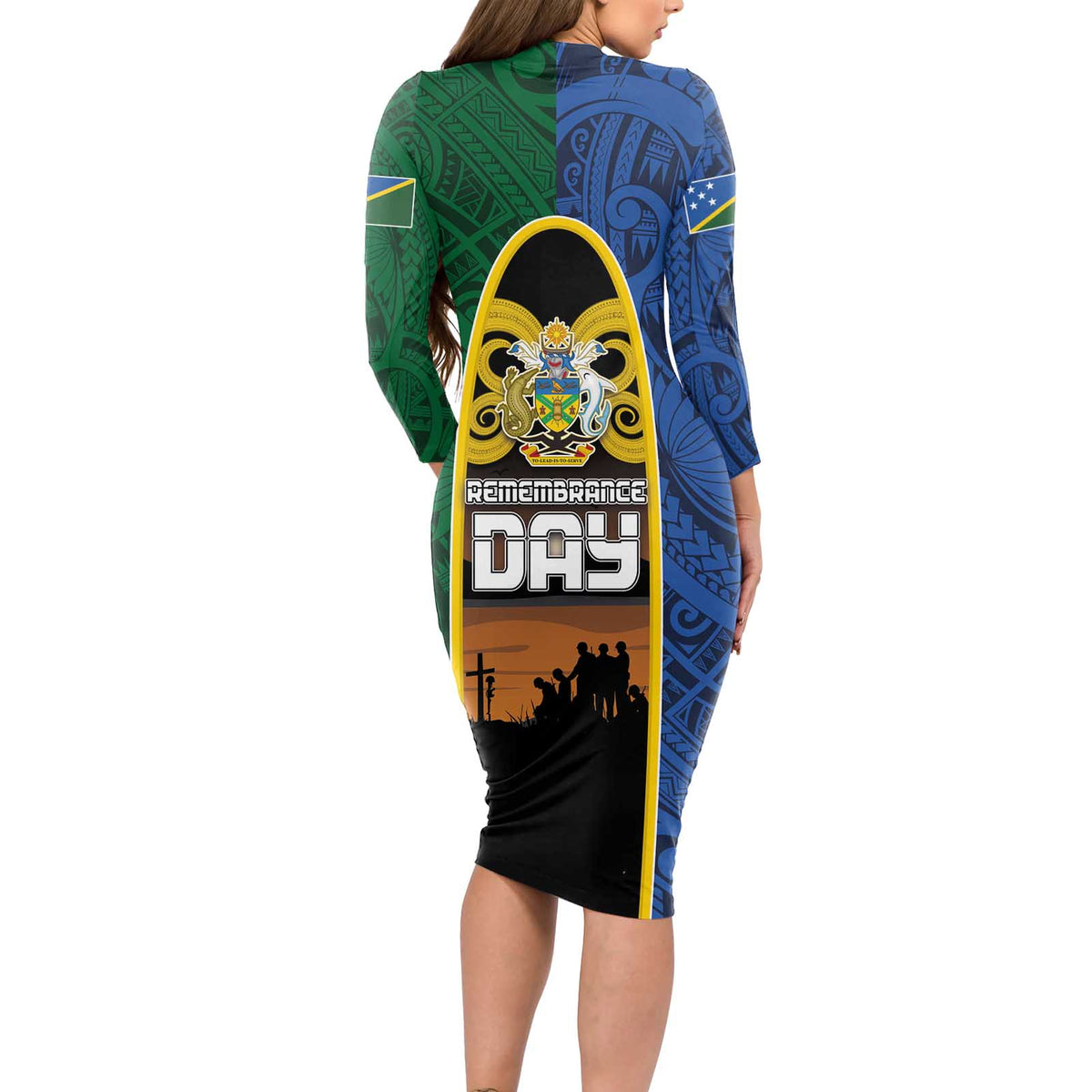 Solomon Islands Remembrance Day Long Sleeve Bodycon Dress Lest We Forget and Polynesian Tattoo Pattern