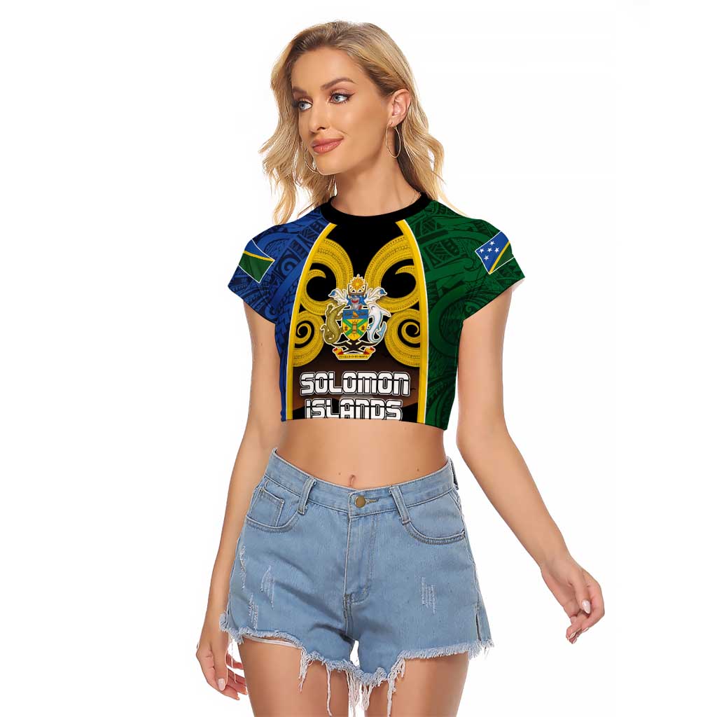 Solomon Islands Remembrance Day Raglan Cropped T Shirt Lest We Forget and Polynesian Tattoo Pattern