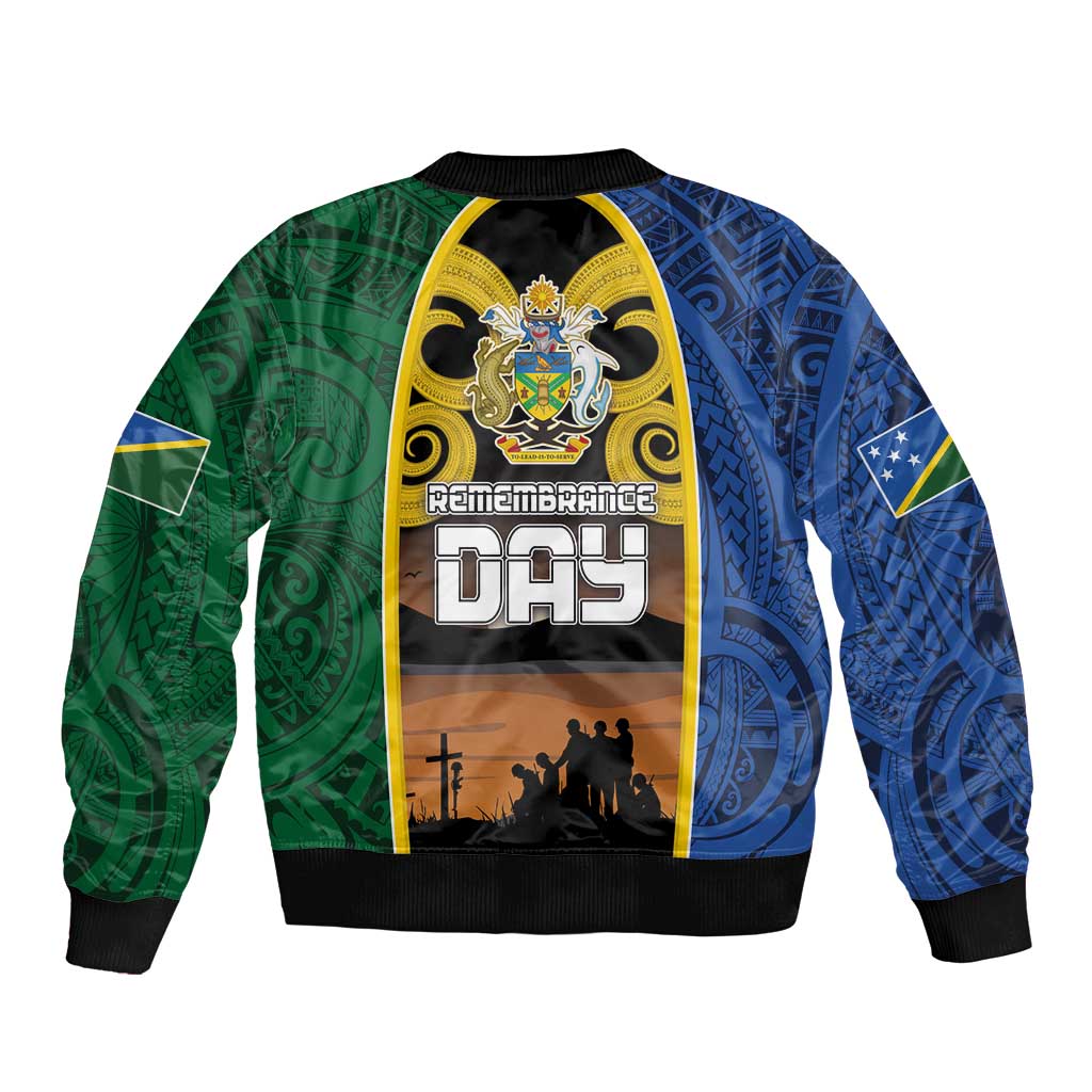 Solomon Islands Remembrance Day Sleeve Zip Bomber Jacket Lest We Forget and Polynesian Tattoo Pattern