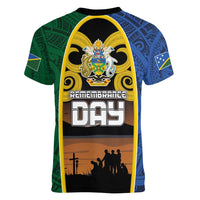 Solomon Islands Remembrance Day Women V-Neck T-Shirt Lest We Forget and Polynesian Tattoo Pattern