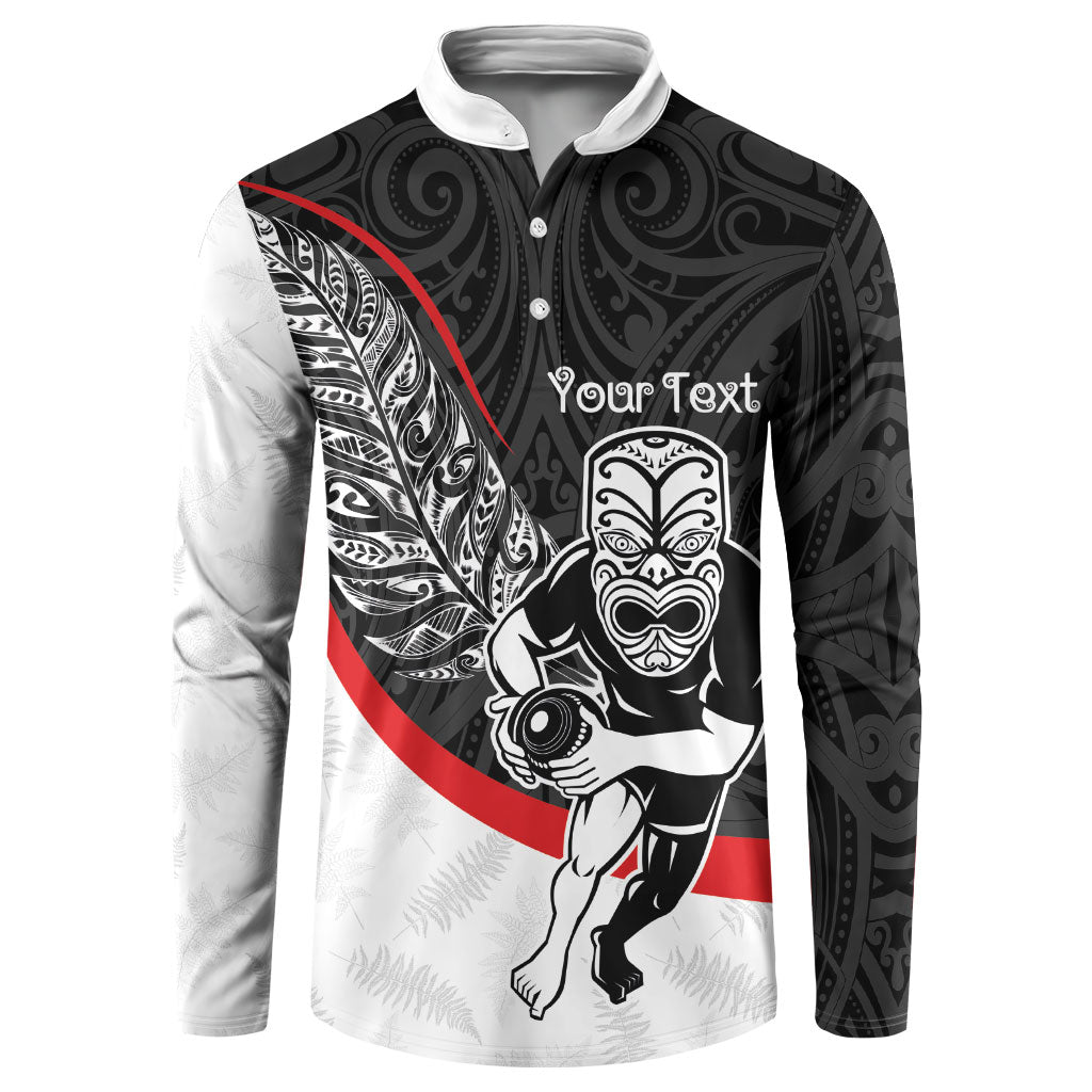 Personalised Aotearoa Lawn Bowls Button Sweatshirt Maori Warrior and Silver Fern Sporty Style LT03 Black - Polynesian Pride